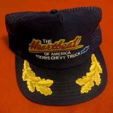 Vintage 80s Chevrolet Chevy Navy Mens Trucker Hat Made USA Mesh Scrambled Eggs