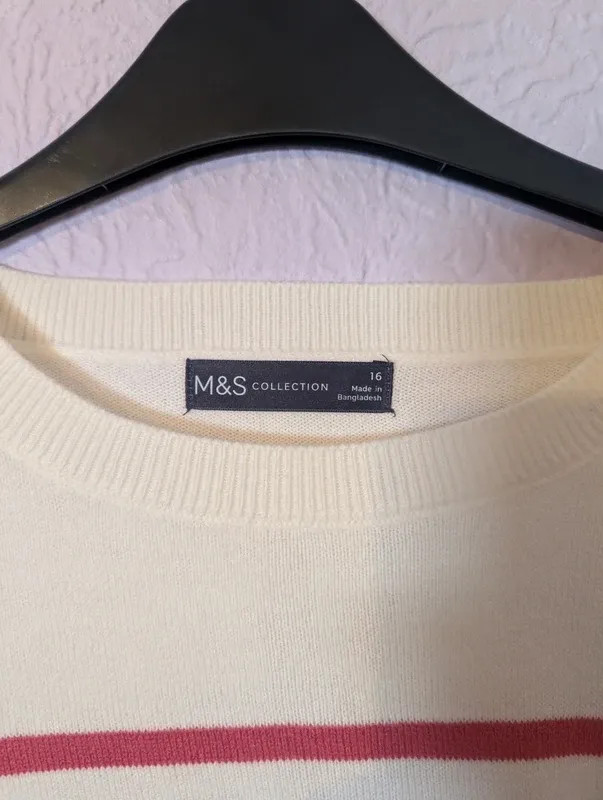 M&S Collection Cream Pink Stripe Lightweight Knit Jumper UK 16 Breton Style image 4