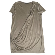 Zara Trafaluc Faux Suede Draped Front V-Neck Shift Dress Olive Green Women Sz M