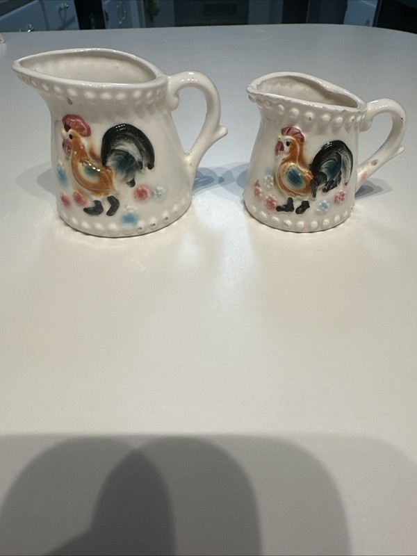 Vintage Japanese Porcelain 1/2 Cup 1/4 Measure Pitcher With Embossed Rooster