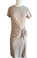 Express Crew Neck Short Sleeve Wrap Tie Mini Sheath Dress Tan 98% Cotton Small