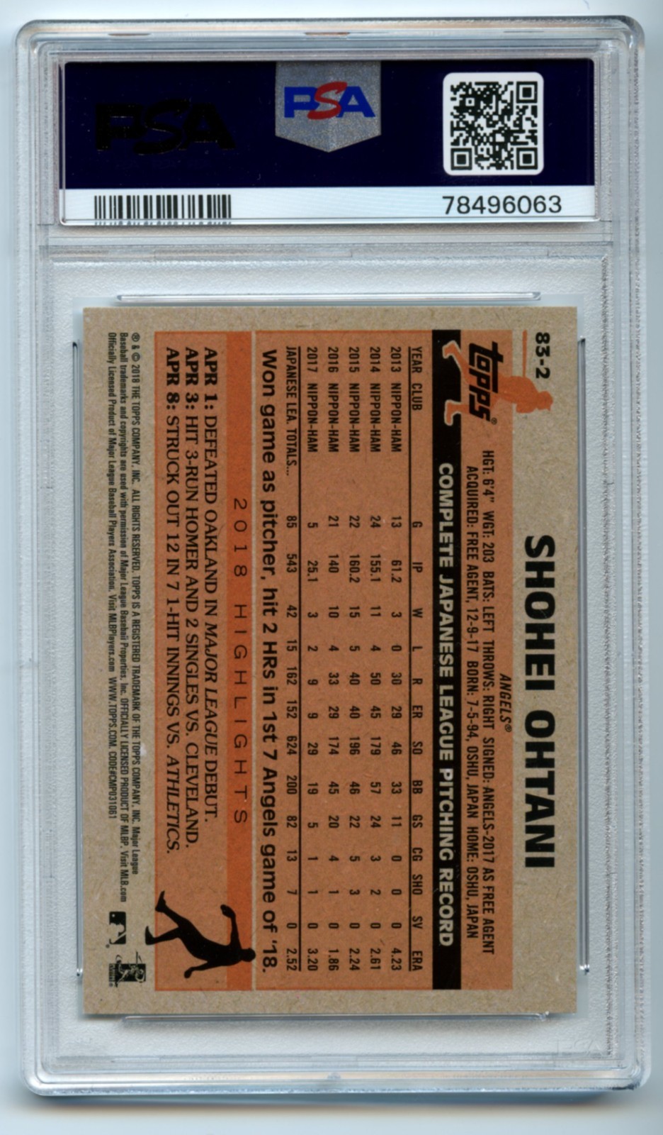 2018 Topps Update #83-2 Shohei Ohtani 1983 PSA 8 view 2