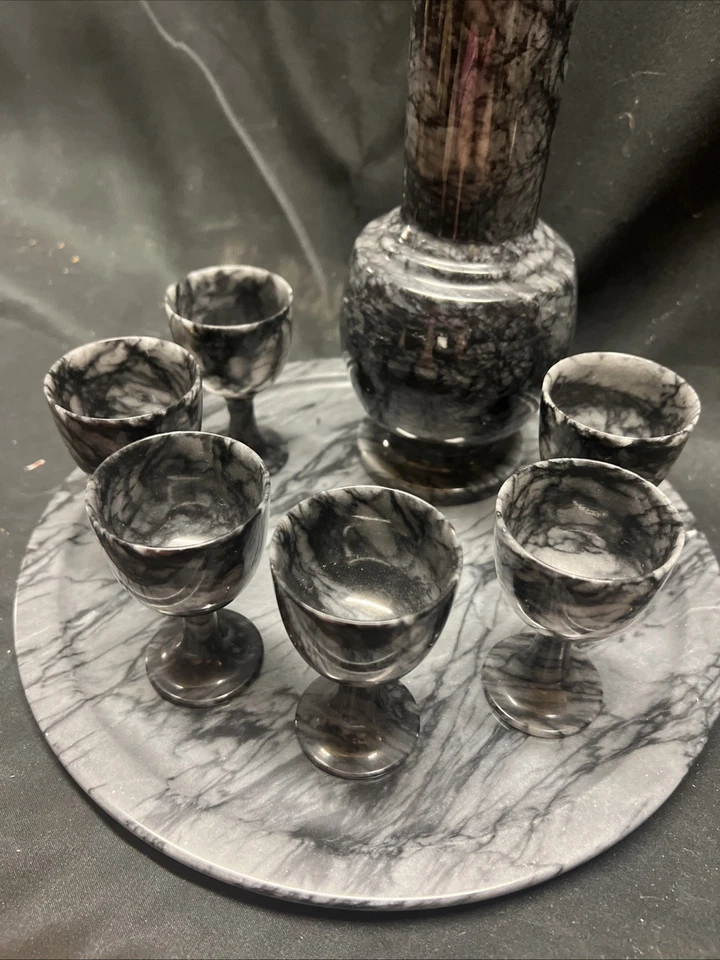 Hermoso conjunto de olla y tazas de vino de mármol de Taiwán vintage decoración antigua Foto 2 de 4