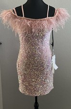 Alyce Paris Prom HOCO Dress Pink Opal Sequins And Feathers Short New Size 6