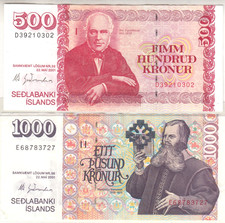 Icelands 500 & 1000 Kronur 2001 Circulated Banknotes