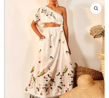 New Farm Rio Pitanga One Shoulder Embroidered Dress Large Cut Out Maxi