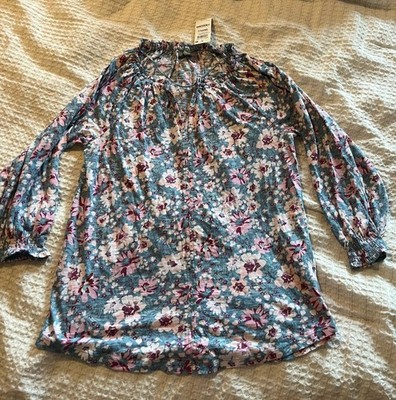 NWT Style & Co Women M Wind Garden Flower Smocked Knit Top Boho Blue Pink Floral