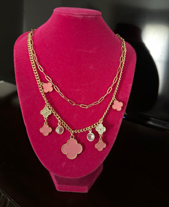 Authentic Gold plated HQ Double Strand Cable Chain Necklace, Pink Flower Charms