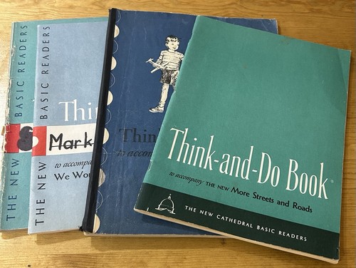 4 Vtg ‘40s-50s THINK and DO Books-Dick & Jane-We Work & Play-More Str/Road WKBKs