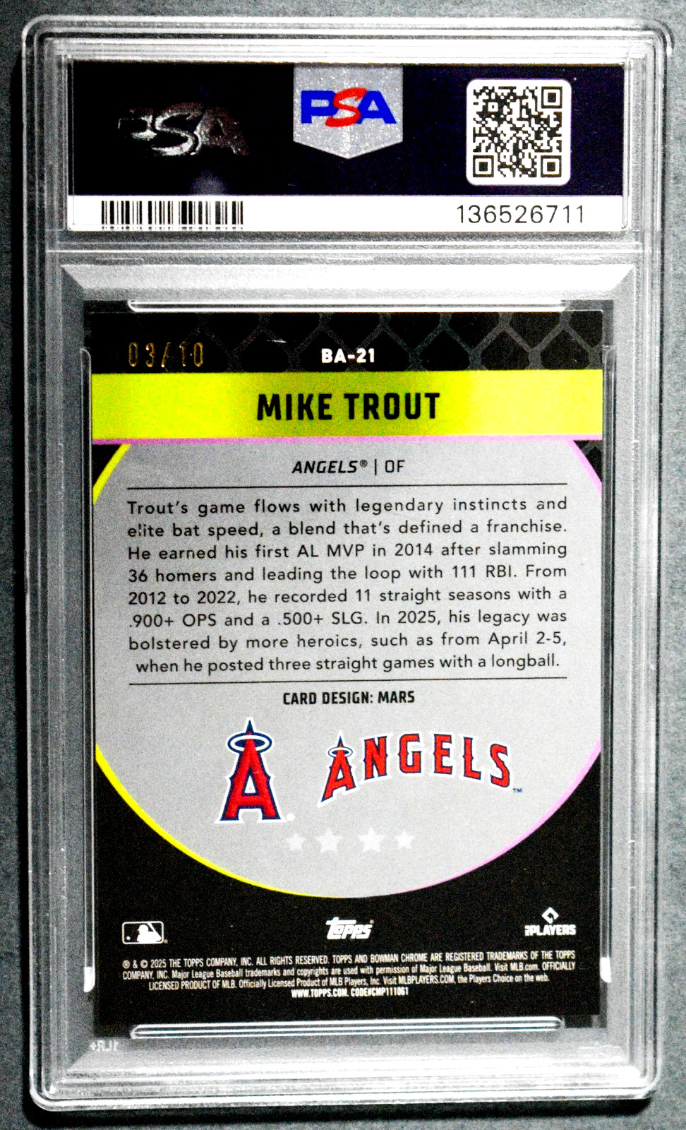 2025 Bowman Chrome #BA-21 Ascensions Mike Trout Black Refractor /10 SSP PSA 9 view 2