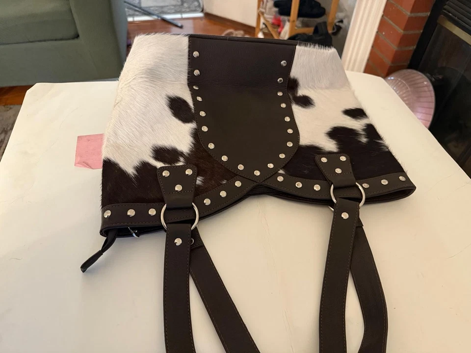 Bolso de Mano de Cuero de Vaca Occidental para Mujer - Cartera de Piel Marrón y Blanco Foto 3 de 4