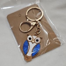 Ladies Blue and White Owl Keychain Bag Charm Purse Charm Shiny Blingy Accessory