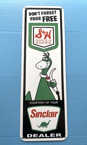 VINTAGE 22x7" SINCLAIR DINO GASOLINE MOTOR OIL GAS PUMP STATION PORCELAIN SIGN