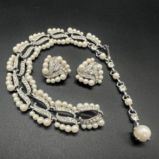 Vintage Bogoff Rhinestone Faux Pearl Necklace And Matching Clip Earrings Set