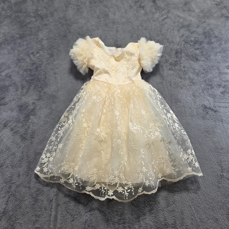 KaQinini Girls Fluffy Dress Size 4Y Beige Floral Print Embroidered Ruffle