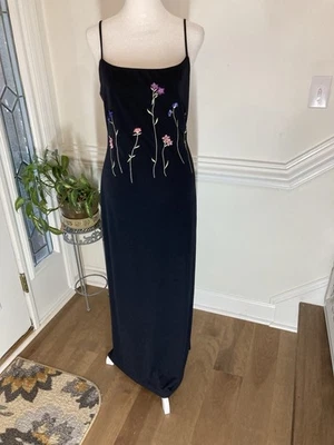 Vintage City Triangles Maxi Dress Sm Black Floral Open Back Y2K Prom 90s Fairy - Image 1 of 4