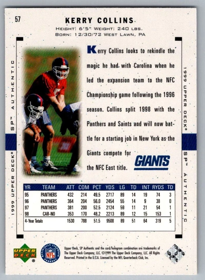 1999 SP Authentic Kerry Collins New York Giants #57 - Image 2 of 2