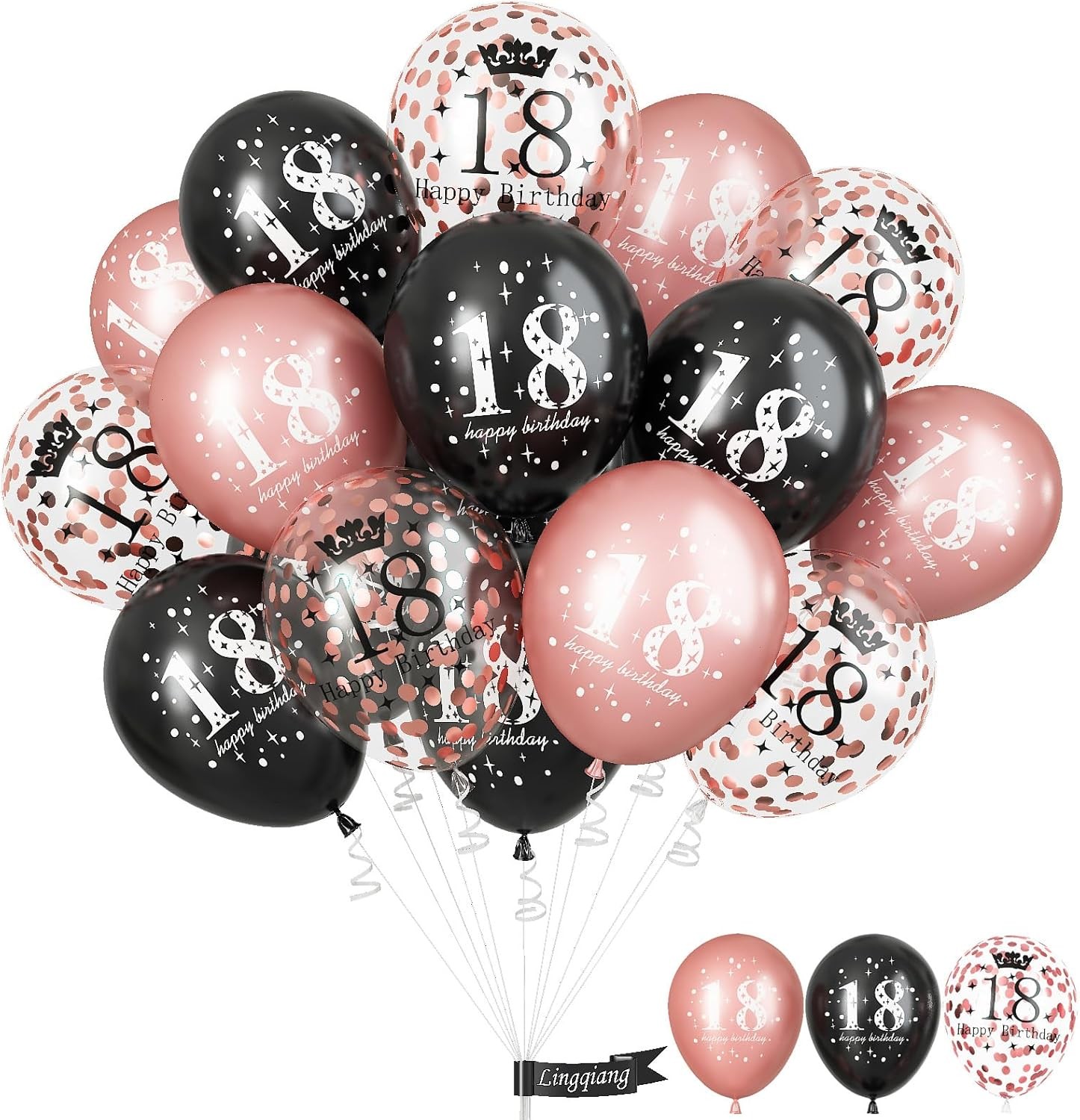 Rose Gold Black 18th Birthday Decorations for Girls, 15Pcs Happy 18th Birthday