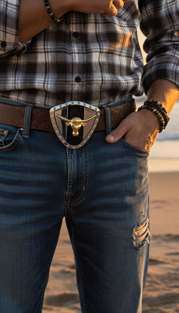 Men Silver Metal Plate Cowboy Western Fashion Buckle Gold Bull