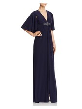 ELIZA J Womens Navy Bell Sleeve V Neck Full-Length Formal Sheath Dress 2