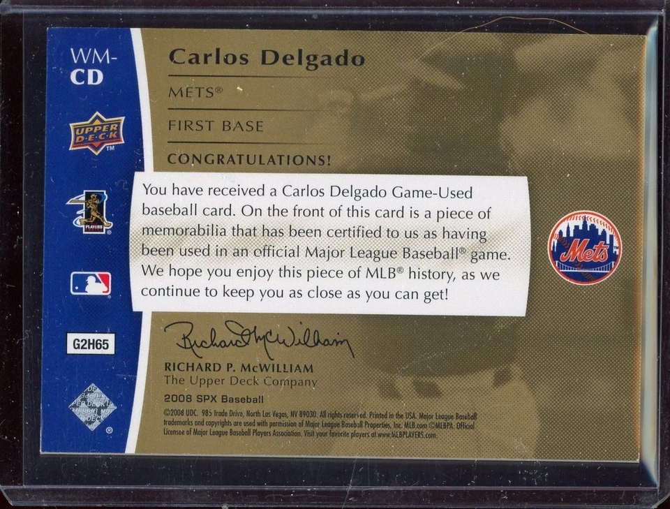 2008 Upper Deck Winning Materials Gold Carlos Delgado Jsy #WMCD (13/20) - Image 2 of 2