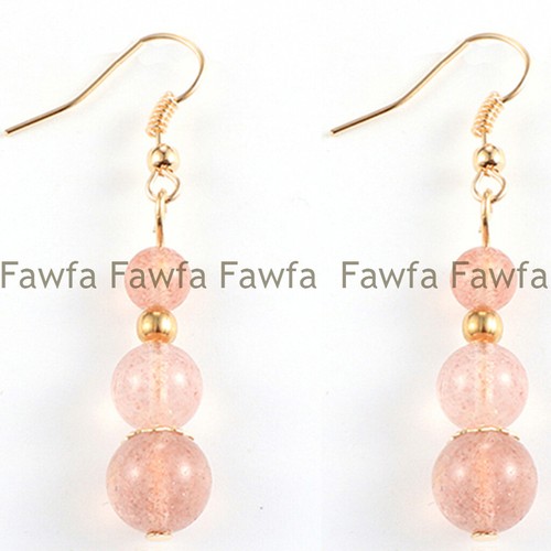 Natural 6-8-10mm Strawberry Crystal Quartz Gemstone Beads Dangle Hook Earrings - Picture 2 of 3