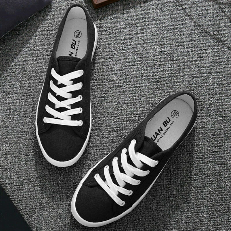 Classic Women Lady Canvas Shoes Trainers Plimsoles Flat Lace Up White Black - Image 2 of 4