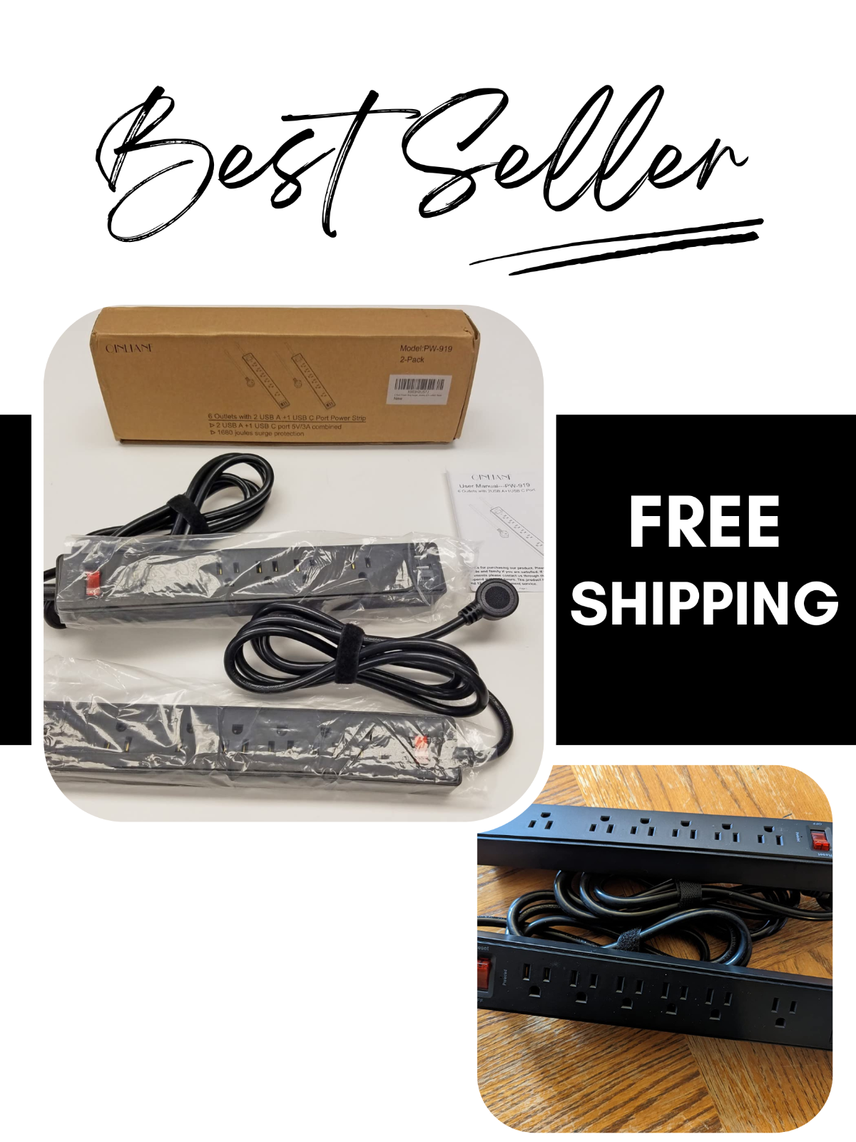 Extension Cord Surge Protector with 6 AC Outlets & 3 USB Ports 1680 Joules 2pcs-image