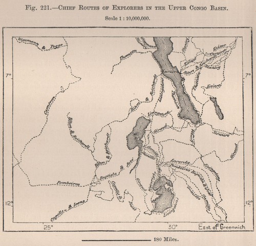 Chief routes of explorers in the upper Congo Basin. Africa 1885 old map