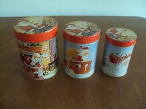 Vintage Nesting Christmas Canister Set of 3 Santa Tin Metal Hong Kong Litho
