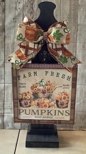 New Fall Autumn Farmhouse Pumpkin Sign Set With Post Display And Bow 15 1/2  