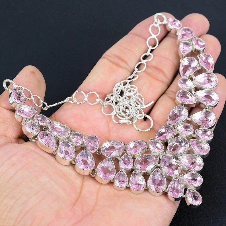 Collar de plata de ley 925 con piedras preciosas de kuncita rosa hecho a mano tamaño-18" Foto 2 de 4