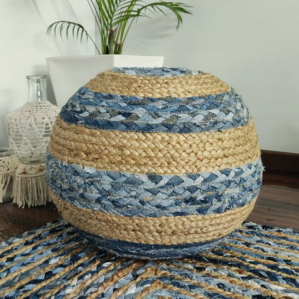 Funda Puf Otomana Yute Denim Estilo Trenzado Decoración Sala Pie Taburete Cubierta Foto 2 de 4