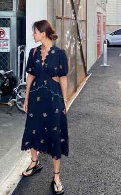 One Size Navy Blue Embroidered Scalloped Hem Cut Out Waist Midi Dress |  eBay Australia