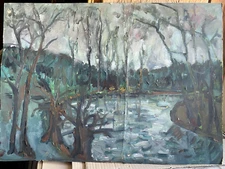 River November Oil Painting Expressionist Antique° Trees Shore Canopy Forest