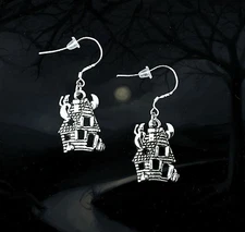 BUY 2 GET 1 FREE~SILVER HAUNTED HOUSE GHOST DANGLE EARRINGS~SCARY HALLOWEEN GIFT