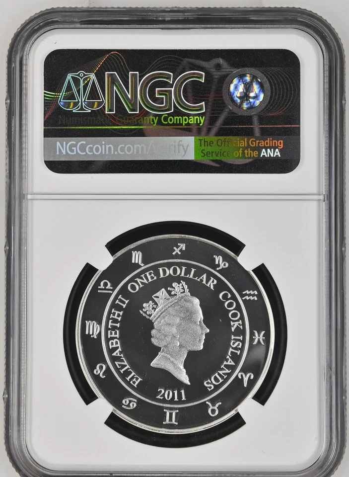 1 dólar 2011 Cook Island signos del zodiaco Aries prueba de plata NGC PF70 Foto 2 de 4