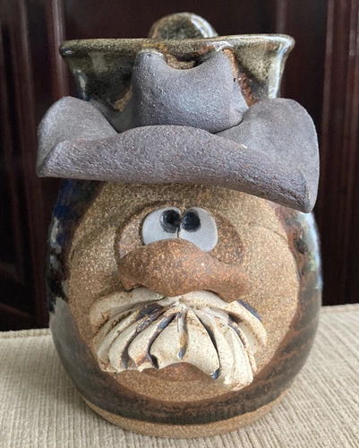 Brown Pottery Stoneware Art Ugly Face Mug Cowboy Western Hand Made Eakin Signed!