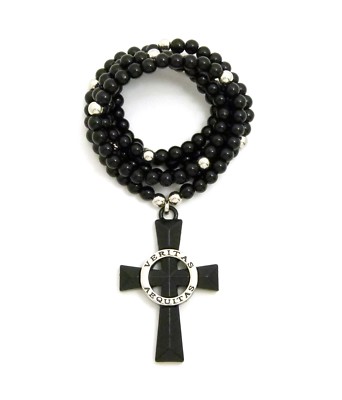 Polished Veritas Aequitas Ring Cross Pendant 6mm 30'' Stone Bead Necklace RC2643