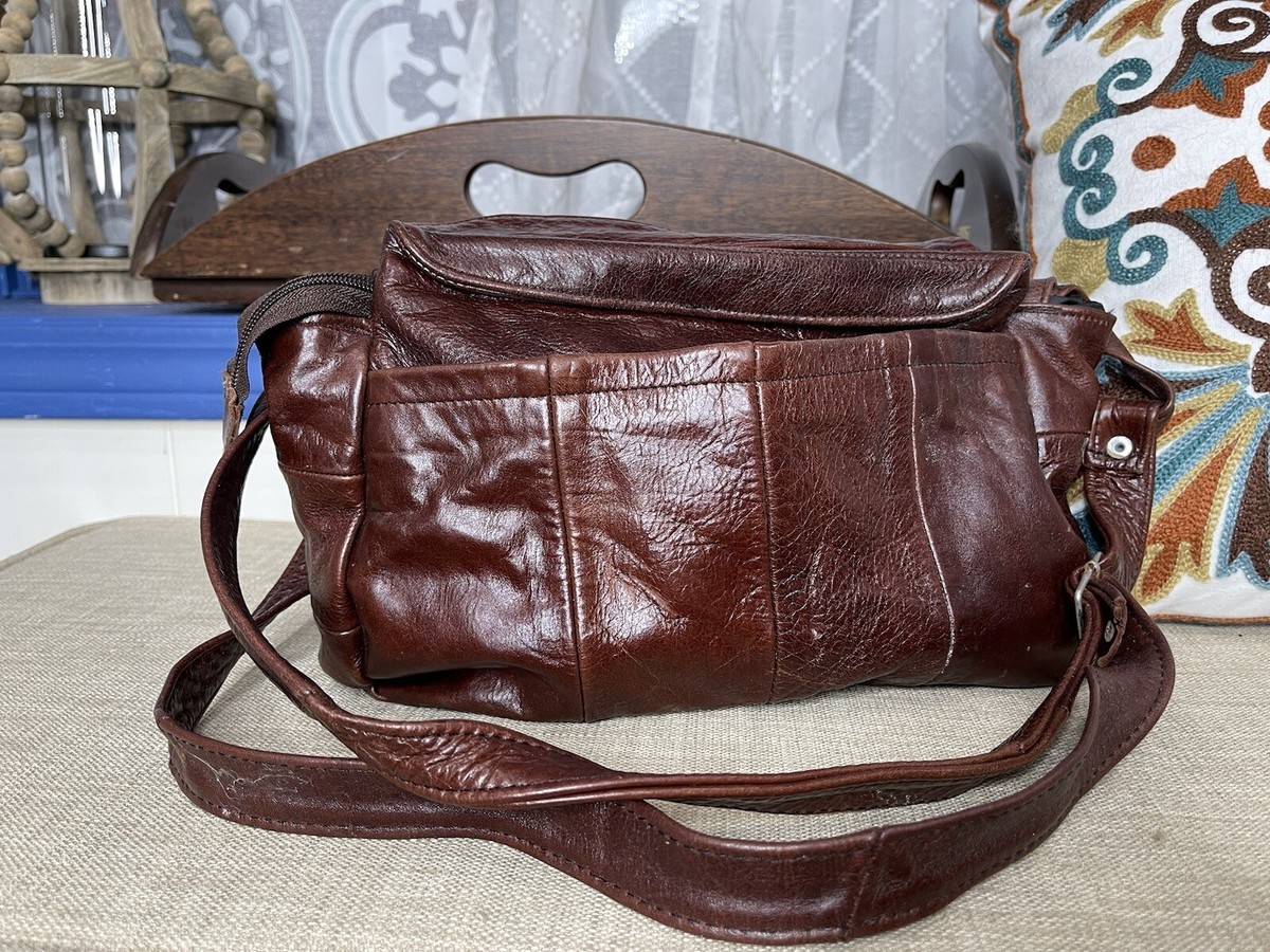Vintage Brown Leather Flap Crossbody Handbag Front Pocket