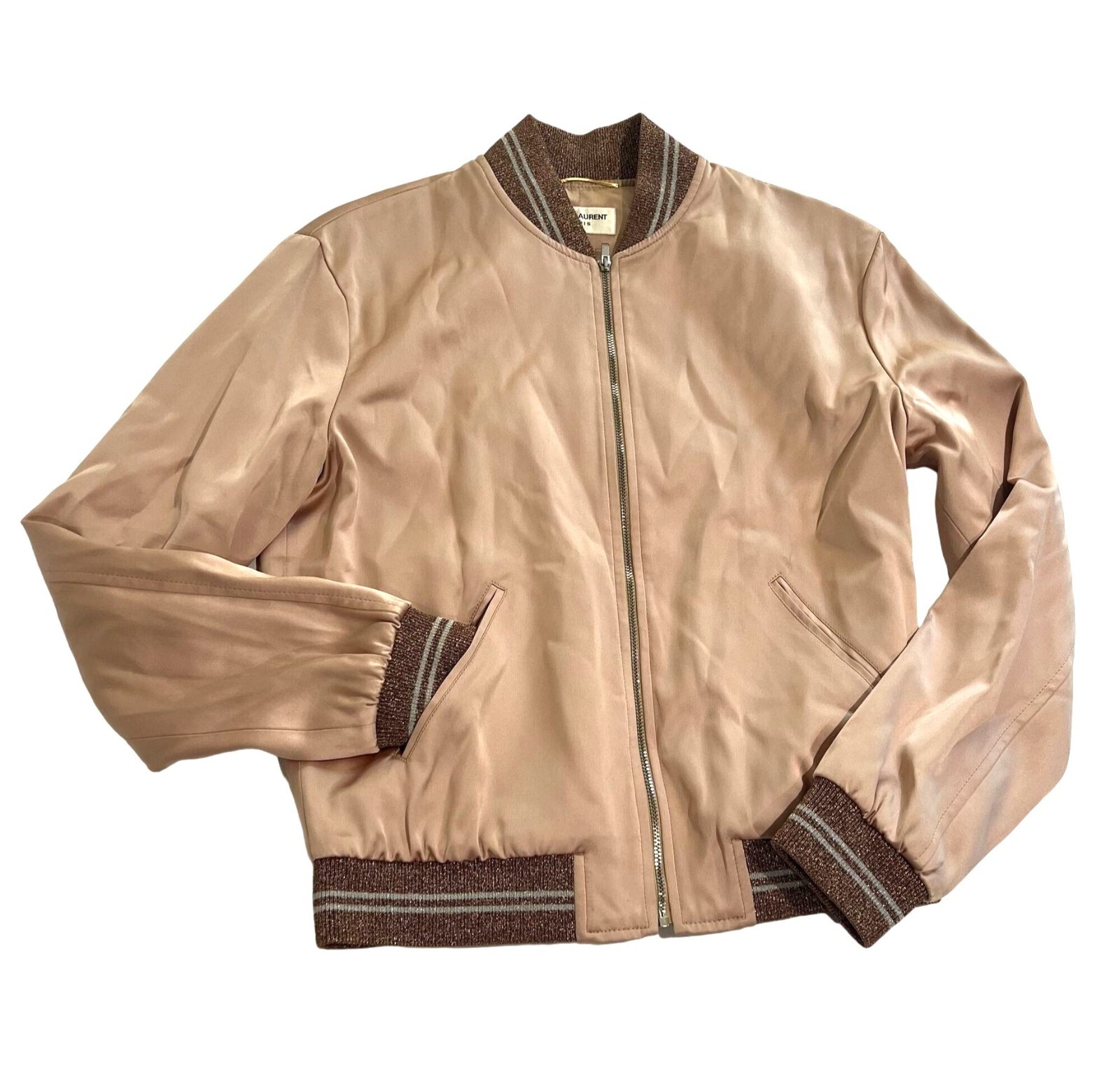 Giacca bomber Saint Laurent Paris Love con zip in oro rosa rosa