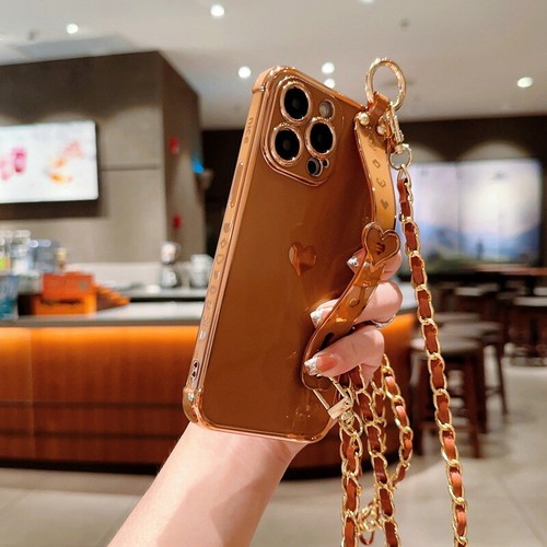 For iPhone 15 14 13 12 11 Pro Max Plating Lanyard Wrist Strap Heart Case Cover - Picture 11 of 25