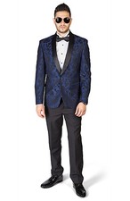 Slim Fit 1 Button Shawl Satin Collar Navy Floral Jacket Tuxedo Black Pants1714