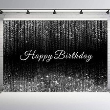 10x8ft Silvery Happy Birthday Black and White Vinyl Backdrop Photo Background