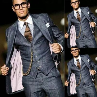 Blue Denim Men Suits 3 Pieces Wide Peak Lapel Formal Slim Fit Vintage Blazers