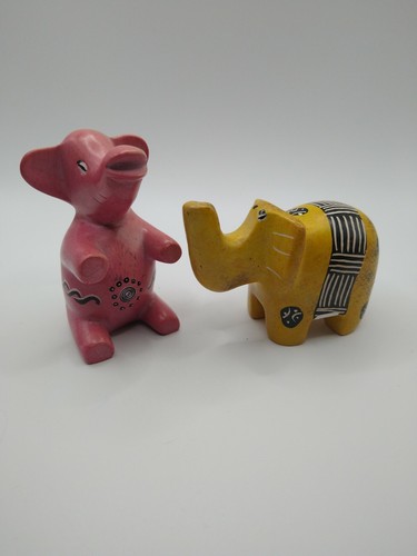 VTG Hand Carved KSaele Soapstone Elephants One Pink One Yellow Figures Kenya G