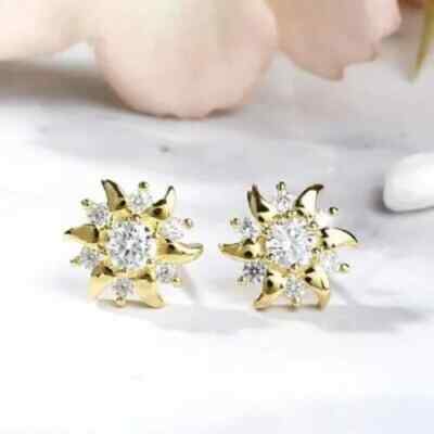 2Ct Round Lab Created Diamond Sunflower Stud Earrings 14K Yellow Gold Plated