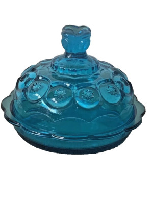 LE SMITH Moon and Stars Blue Butter Cheese Covered Dish 1960s Pattern Glass