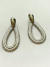 VTG SILVER TONE CABLE WOVEN DESIGN OVAL TEARDROP BIG HOOP ARTICULATED EARRINGS