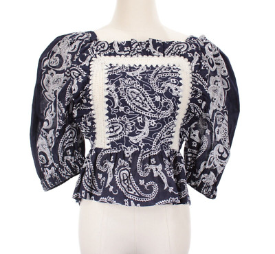 Sea NWT Puff Sleeve Open Back Blouse Size Small in Navy Blue and White Paisley